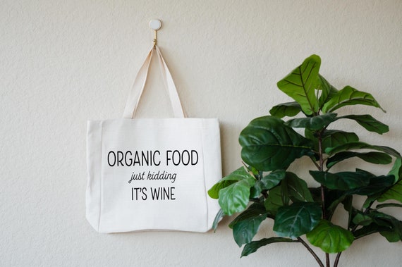 Grocery Tote, Linen Farmers Market Bag, Durable Eco Friendly Reuasble No Waste Shopping Bag, Funny Gift for Mom or Friend, Organic Food Wine