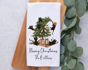 Personalized Christmas Tree Towel, Merry Christmas Waffle Weave Dish Towel, Holiday Tea Towel Kitchen Decoration, Crazy Christmas Tree Cats