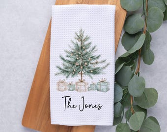 Personalized Christmas Tree Towel, Merry Christmas Waffle Weave Dish Towel, Holiday Tea Towel Kitchen Decoration, Gift for Newlyweds