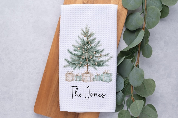 Personalized Christmas Tree Towel, Merry Christmas Waffle Weave Dish Towel, Holiday Tea Towel Kitchen Decoration, Gift for Newlyweds