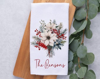 Personalized Christmas Towel, Merry Christmas Waffle Weave Dish Towel, Holiday Tea Towel Kitchen Decoration, Gift for Newlyweds, Magnolia