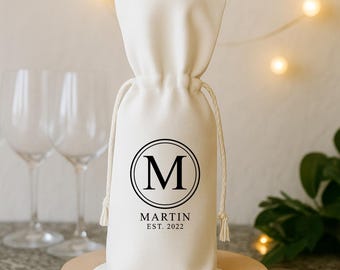Personalized Wine Bag Holder, Custom Tote Bag for Bottle, Gift for Couples Wedding Engagement or Anniversary, Monogrammed Modern Initial