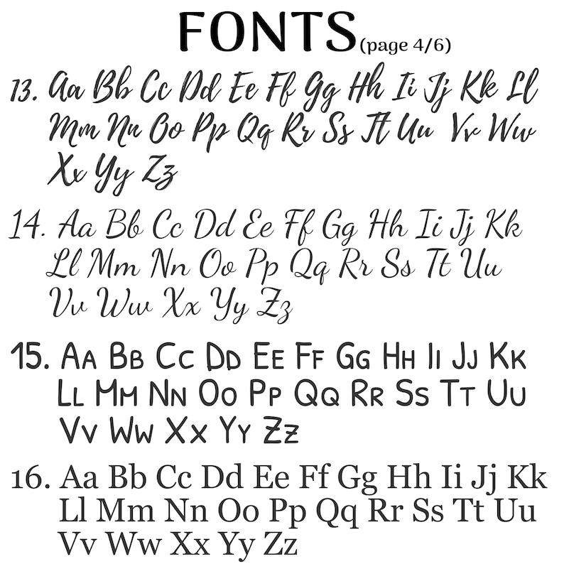 以下が含まれることがあります： アルファベットの大文字と小文字の異なるスタイルを示すフォントブックのページ。ページ番号は6ページ中の4ページ目です。