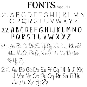以下が含まれることがあります： フォントブックのページで、大文字と小文字の異なるスタイルが表示されています。ページには「FONTS（6/6ページ）」とラベル付けされています。