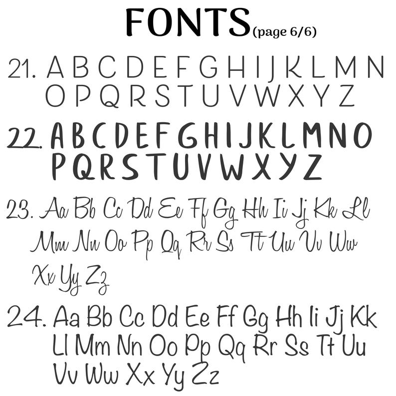 以下が含まれることがあります： フォントブックのページで、大文字と小文字の異なるスタイルが表示されています。ページには「FONTS（6/6ページ）」とラベル付けされています。