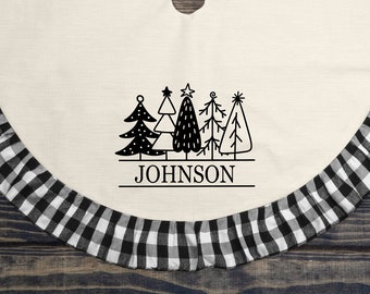 Personalized Christmas Tree Skirt, Custom Linen and Plaid Tree Decor