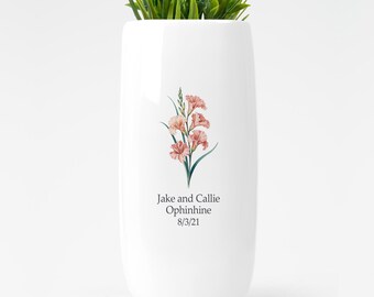 Jarrón de cerámica personalizado, regalo de boda personalizado para ella, regalo de aniversario para parejas, símbolo del mes de cumpleaños, flores de gladiolo de agosto.