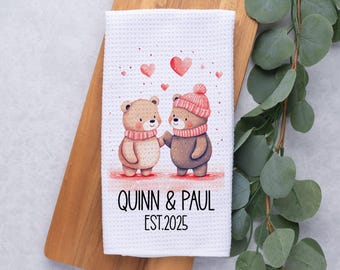 Personalized Kitchen Towel for Couple, Hanging Tea Towel with Bears in Love, Custom Waffle Weave Towel, Wedding Anniversary or Bridal Gift