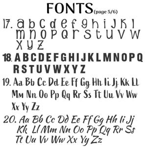以下が含まれることがあります： フォントブックのページで、大文字と小文字の異なるフォントが表示されています。フォントは17から20まで番号が付けられています。ページ番号は5/6です。