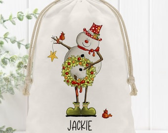 Personalized Christmas Gift Bag, Custom Reusable Drawstring Sack for the Holidays, Traditional Snowman, Present Wrap for Kids and Adults