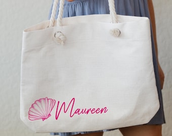 Personalized Large Tote with Rope Handle, Beach Trip, Oversized Coastal Seashell Bag, Custom Gift for Bridal Party, Destination Bachelorette