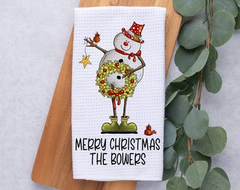 Personalized Christmas Tree Towel, Merry Christmas Waffle Weave Dish Towel, Holiday Tea Towel Kitchen Decoration, Snowman with Cardinals
