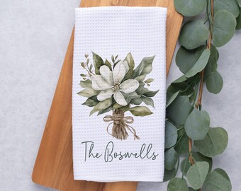 Personalized Magnolia Towel, Merry Christmas Waffle Weave Dish Towel, Holiday Tea Towel Kitchen Decoration, Custom Name Gift for Newlyweds,