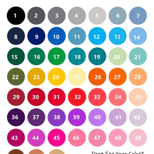 Puede incluir: Una carta de colores con 52 muestras de colores diferentes, numeradas del 1 al 52. La carta est&aacute; titulada "Elige tu color". El texto "&iquest;No ves tu color? Preg&uacute;ntanos, podemos personalizar!" est&aacute; en la parte inferior de la carta.