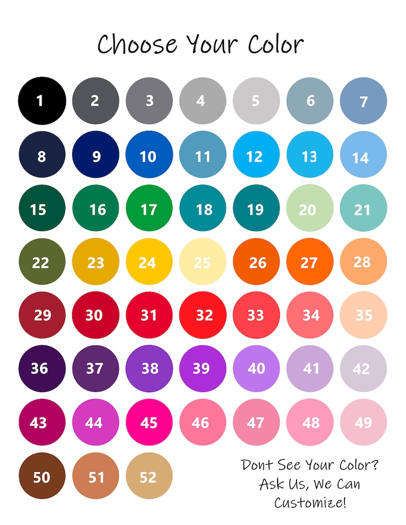 Puede incluir: Una carta de colores con 52 muestras de colores diferentes, numeradas del 1 al 52. La carta est&aacute; titulada "Elige tu color". El texto "&iquest;No ves tu color? Preg&uacute;ntanos, podemos personalizar!" est&aacute; en la parte inferior de la carta.
