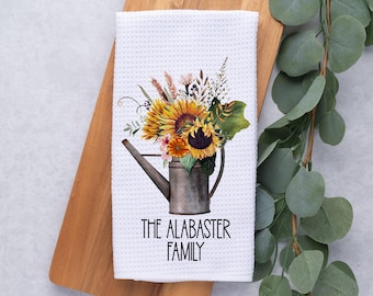 Personalized Kitchen Towel with Autumn Sunflower, Custom Waffle Weave Towel, Fall Flowers and Name, Gift for Housewarming or Thanksgiving