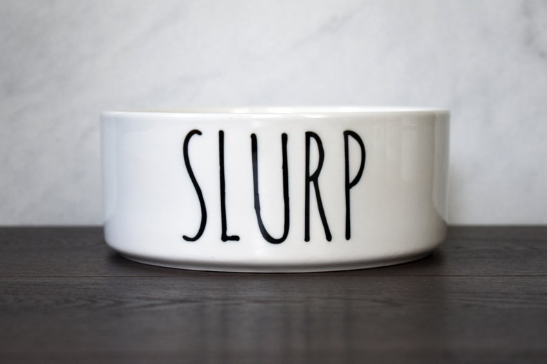 May include: White ceramic pet bowl with the word "SLURP" printed in black.