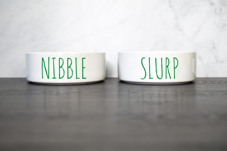 May include: Two white ceramic pet bowls with green lettering. The bowl on the left says "Nibble" and the bowl on the right says "Slurp".