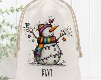 Personalized Christmas Gift Bag, Custom Reusable Drawstring Sack for the Holidays, Traditional Snowman, Present Wrap for Kids and Adults