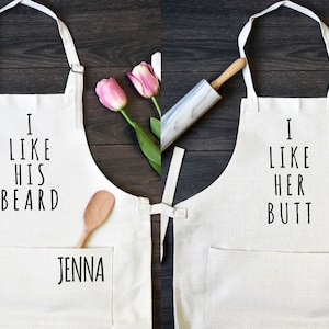 His and Hers Linen Kitchen Aprons, Funny Cooking Apron with Pocket Set of Two