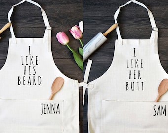 His and Hers Linen Kitchen Aprons, Funny Cooking Apron with Pocket Set of Two
