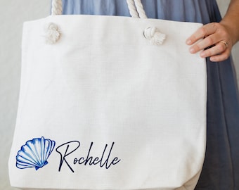 Personalized Large Tote with Rope Handle, Beach Trip, Oversized Coastal Seashell Bag, Custom Gift for Bridal Party, Destination Bachelorette
