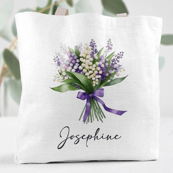 Personalized Name and Lavender Wildflowers Linen Tote Bag, Cute Wedding Gift for Bridesmaids