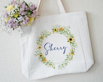 Personalized Tote Bag with Sunflowers, Beach Trip Bag, Custom Gift for Wedding Bridal Party, Reusable Grocery Bag, Spring Farmers Market Bag