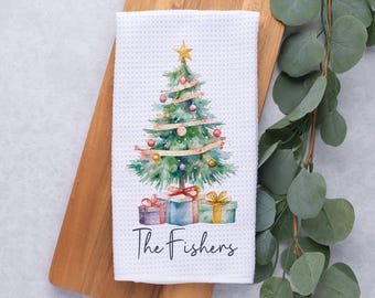 Personalized Christmas Tree Towel, Merry Christmas Waffle Weave Dish Towel, Holiday Tea Towel Kitchen Decoration, Custom Gift for Newlyweds