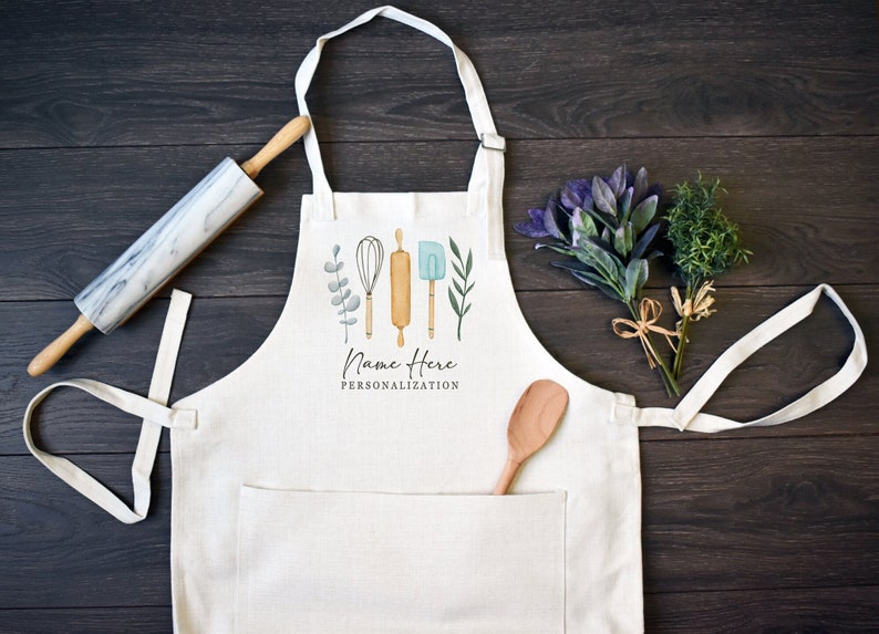 Personalized Linen Kitchen Apron, Custom Cooking Apron with Pocket L1-Script L2-Print