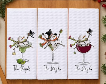 Personalized Christmas Towels, Single or Set of Three Christmas Waffle Weave Dish Towels, Tea Towel Kitchen Decoration, Drinking Snowmen