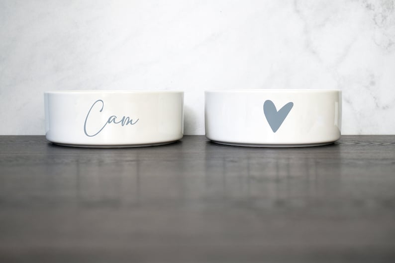 Puede incluir: Dos cuencos de cer&aacute;mica blanca para mascotas. Un cuenco tiene el nombre "Cam" escrito en &eacute;l en una fuente cursiva azul claro. El otro cuenco tiene un coraz&oacute;n azul claro.