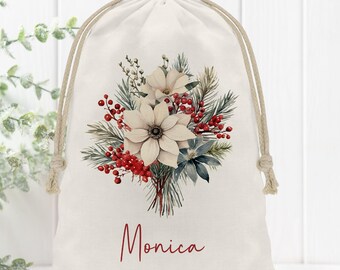 Personalized Christmas Gift Bag, Custom Reusable Drawstring Sack for the Holidays, Traditional Magnolia, Present Wrap for Kids and Adults