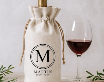 Personalized Wine Bag Holder, Custom Tote Bag for Bottle, Gift for Couples Wedding Engagement or Anniversary, Monogrammed Modern Initial