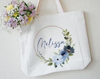 Personalized Linen Tote Bag, Custom Farmer's Market Shoulder Grocery Bag, Blue Floral Gift for Bridal Party Bridesmaids, Mothers Day for Mom