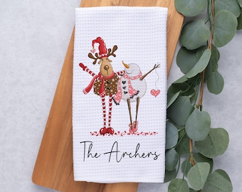 Personalized Towel, Merry Christmas Waffle Weave Dish Towel, Holiday Tea Towel Kitchen Decoration, Gift for Couple, Moose and Snowman