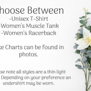 K&ouml;nnte beinhalten: Bild mit Text, der lautet: "W&auml;hlen Sie zwischen -Unisex T-Shirt -Damen Muscle Tank -Damen Racerback." Der Text besagt auch "Gr&ouml;&szlig;entabellen finden Sie in den Fotos." und "Bitte beachten Sie, dass alle Modelle aus d&uuml;nnem, leichtem Stoff bestehen."