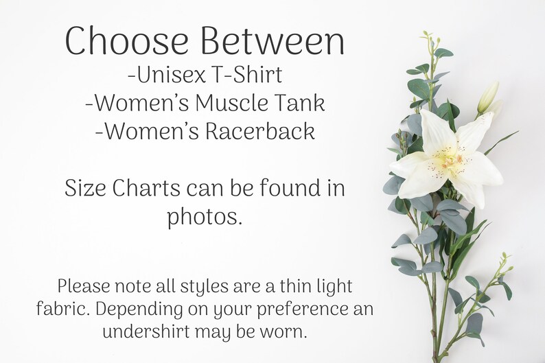 K&ouml;nnte beinhalten: Bild mit Text, der lautet: "W&auml;hlen Sie zwischen -Unisex T-Shirt -Damen Muscle Tank -Damen Racerback." Der Text besagt auch "Gr&ouml;&szlig;entabellen finden Sie in den Fotos." und "Bitte beachten Sie, dass alle Modelle aus d&uuml;nnem, leichtem Stoff bestehen."