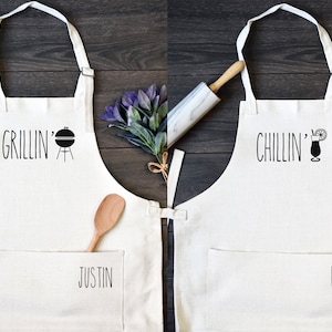 His and Hers Linen Kitchen Aprons, Funny Cooking Apron with Pocket Set of Two image 1