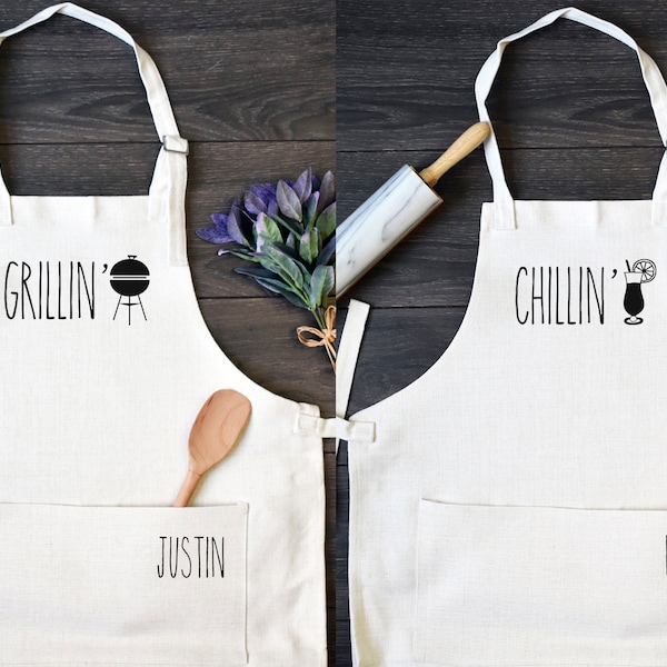 His and Hers Linen Kitchen Aprons, Funny Cooking Apron with Pocket Set of Two