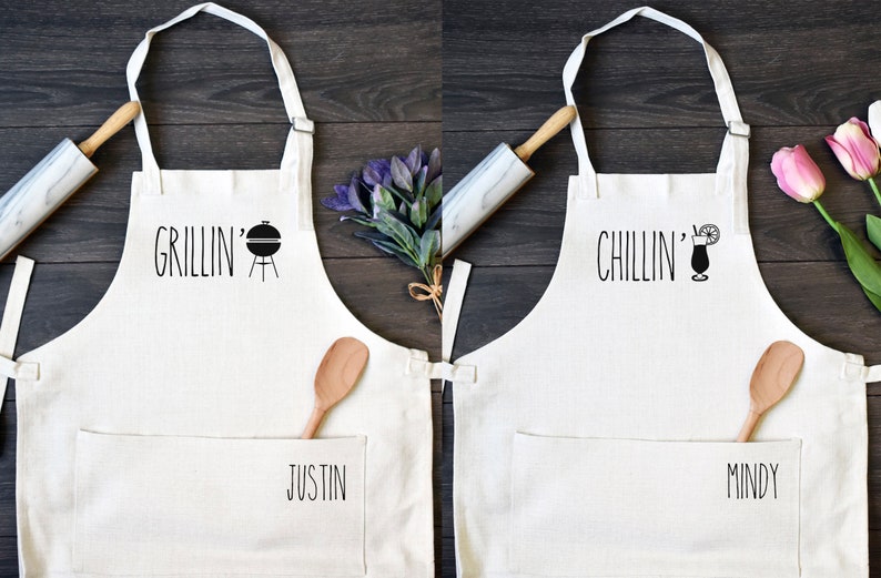 His and Hers Linen Kitchen Aprons, Funny Cooking Apron with Pocket Set of Two image 1