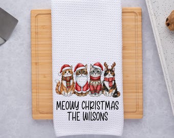 Personalized Christmas Tree Towel, Merry Christmas Waffle Weave Dish Towel, Holiday Tea Towel Kitchen Decoration, Crazy Christmas Tree Cats