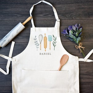 Personalized Linen Kitchen Apron, Custom Cooking Apron with Pocket One Line of Print