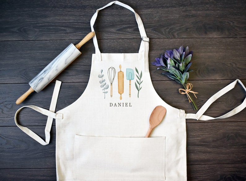 Personalized Linen Kitchen Apron, Custom Cooking Apron with Pocket One Line of Print