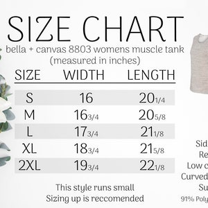 K&ouml;nnte beinhalten: Gr&ouml;&szlig;entabelle f&uuml;r ein Bella + Canvas 8803 Muskel-Tanktop, gemessen in Zoll. Gr&ouml;&szlig;en von S bis 2XL, mit Breiten von 40.6 cm bis 50.2 cm und L&auml;ngen von 51.4 cm bis 56.2 cm. Merkmale: Seitenn&auml;hte, entspannte Passform, tiefer Armausschnitt und gebogener Saum.