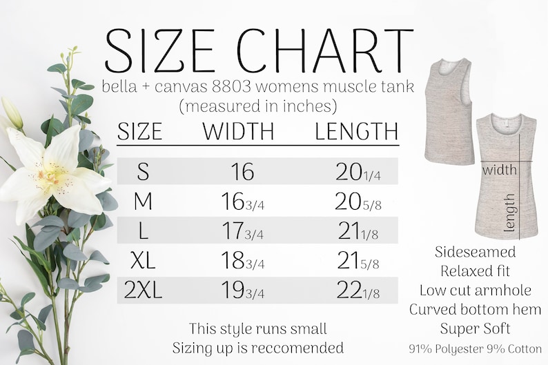 K&ouml;nnte beinhalten: Gr&ouml;&szlig;entabelle f&uuml;r ein Bella + Canvas 8803 Muskel-Tanktop, gemessen in Zoll. Gr&ouml;&szlig;en von S bis 2XL, mit Breiten von 40.6 cm bis 50.2 cm und L&auml;ngen von 51.4 cm bis 56.2 cm. Merkmale: Seitenn&auml;hte, entspannte Passform, tiefer Armausschnitt und gebogener Saum.