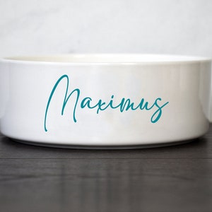 Puede incluir: Taz&oacute;n de cer&aacute;mica blanco para mascotas con el nombre "Maximus" escrito en letras cursivas azul turquesa.