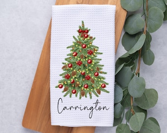 Personalized Christmas Tree Towel, Merry Christmas Waffle Weave Dish Towel, Holiday Tea Towel Kitchen Decoration, Custom Gift for Newlyweds