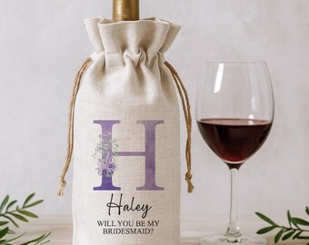 Personalized Wine Bag Holder, Custom Tote Bag for Bottle, Gift for Bridesmaid Proposal, Holiday Hosting Gift, Lavender Floral Initial & Name
