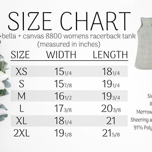 K&ouml;nnte beinhalten: Gr&ouml;&szlig;entabelle f&uuml;r ein Bella + Canvas 8800 Racerback-Tanktop. Ma&szlig;e in Zoll f&uuml;r die Gr&ouml;&szlig;en XS bis 2XL. Merkmale sind ein seitlich gen&auml;hter, entspannter Schnitt, ein Merrow-Saum und Raffungen an der Racerback-Naht. Hergestellt aus 91 % Polyester und 9 % Baumwolle.